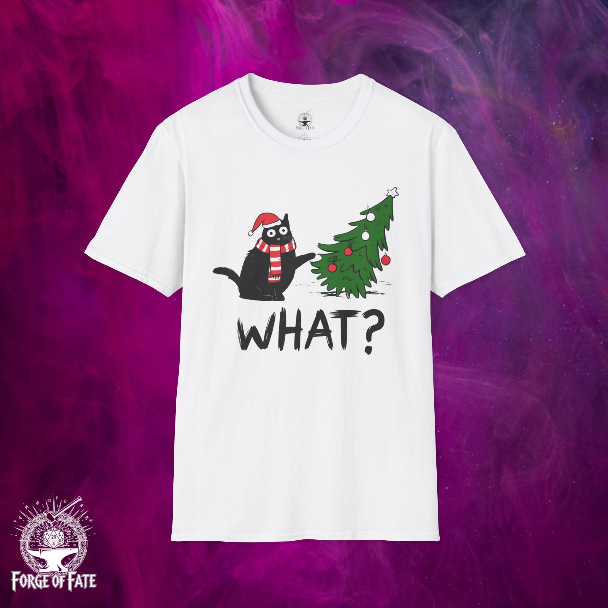 Cat with Knocked-Over Christmas Tree T-Shirt | Funny What? Holiday Tee