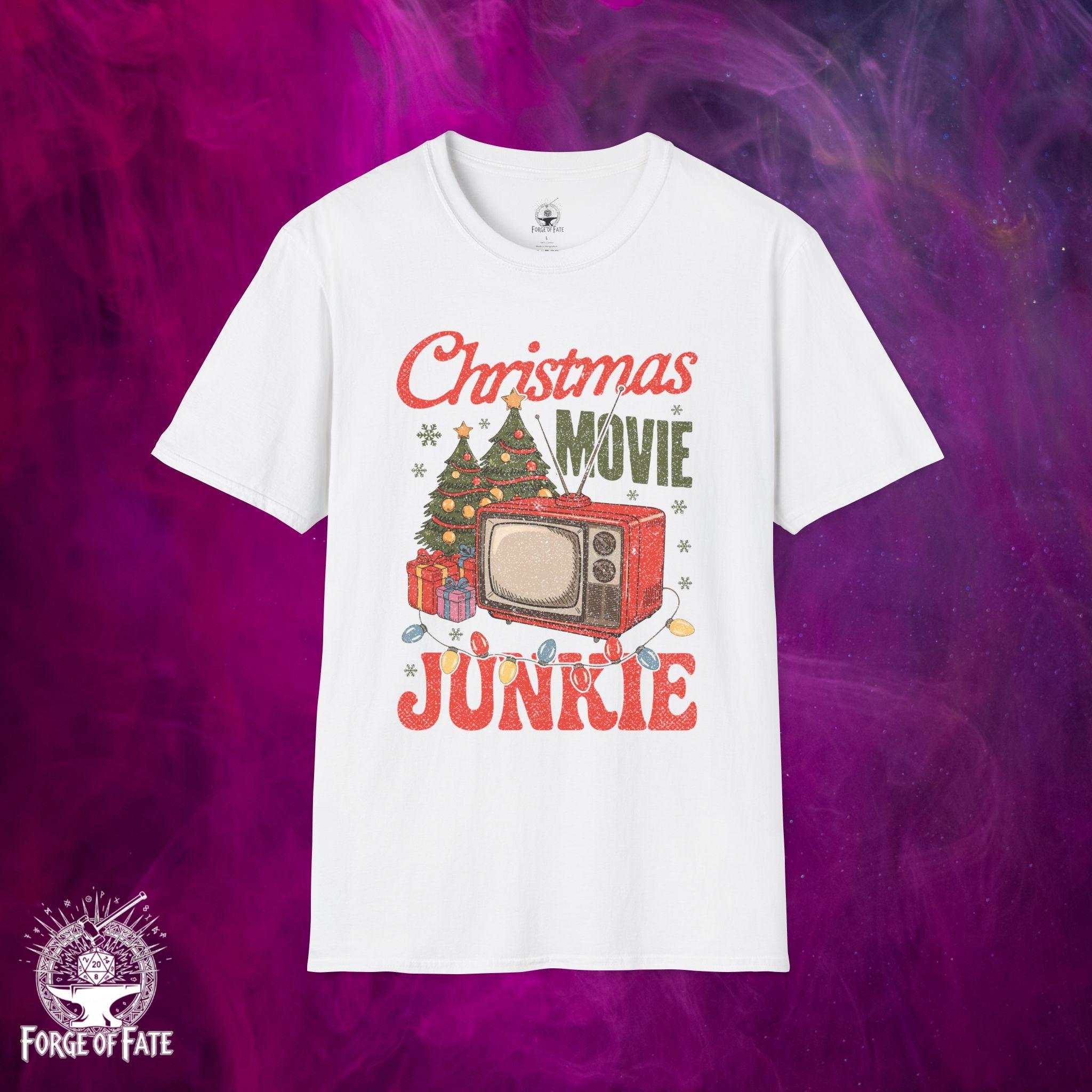 Christmas Movie Junkie T-Shirt | Retro TV Christmas Tree Graphic